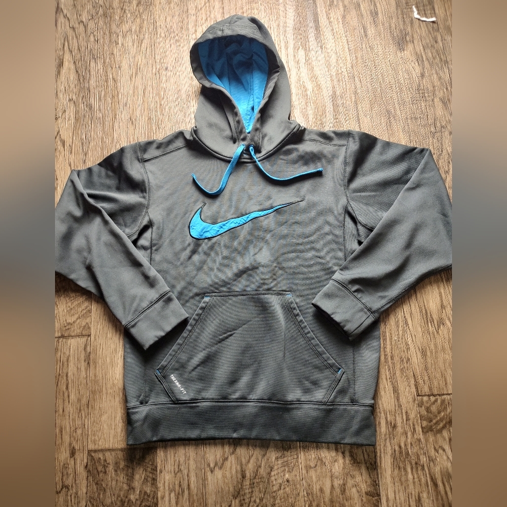 Nike Thermo-fit dark gray with blue swoosh hooded sweatshirt Size S
